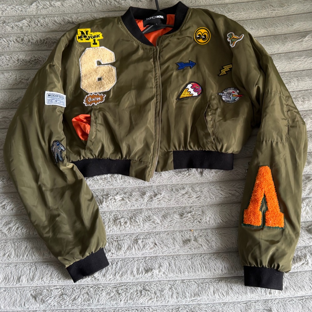 Fashion Nova Olive Bomber Jacket with Patches